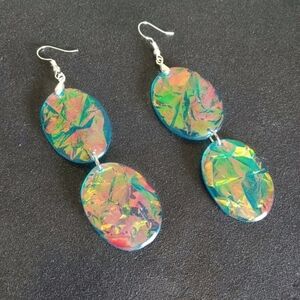 Iridescent teal blue oval shaped dangle earrings with silver hooks new resin